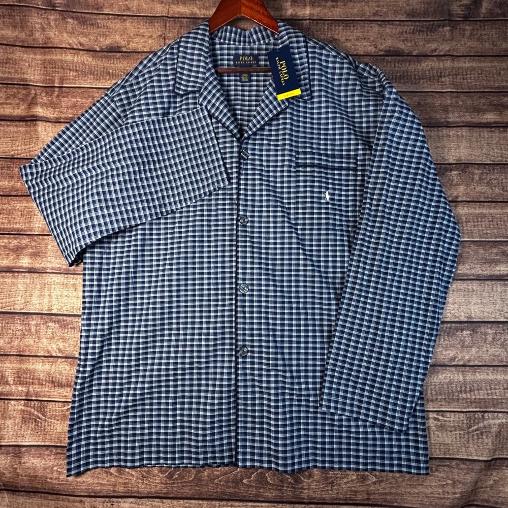 Polo Ralph Lauren Mens XL Pajama Shirt Navy Blue White Plaid Cotton Stretch NWT